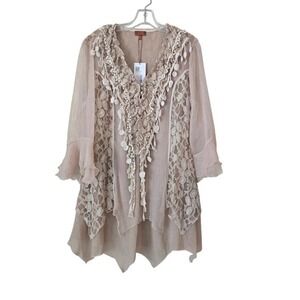Scully Honey Creek Silk Blend Lace Tunic Top XL Beige Boho Handkerchief‎ Hem NWT